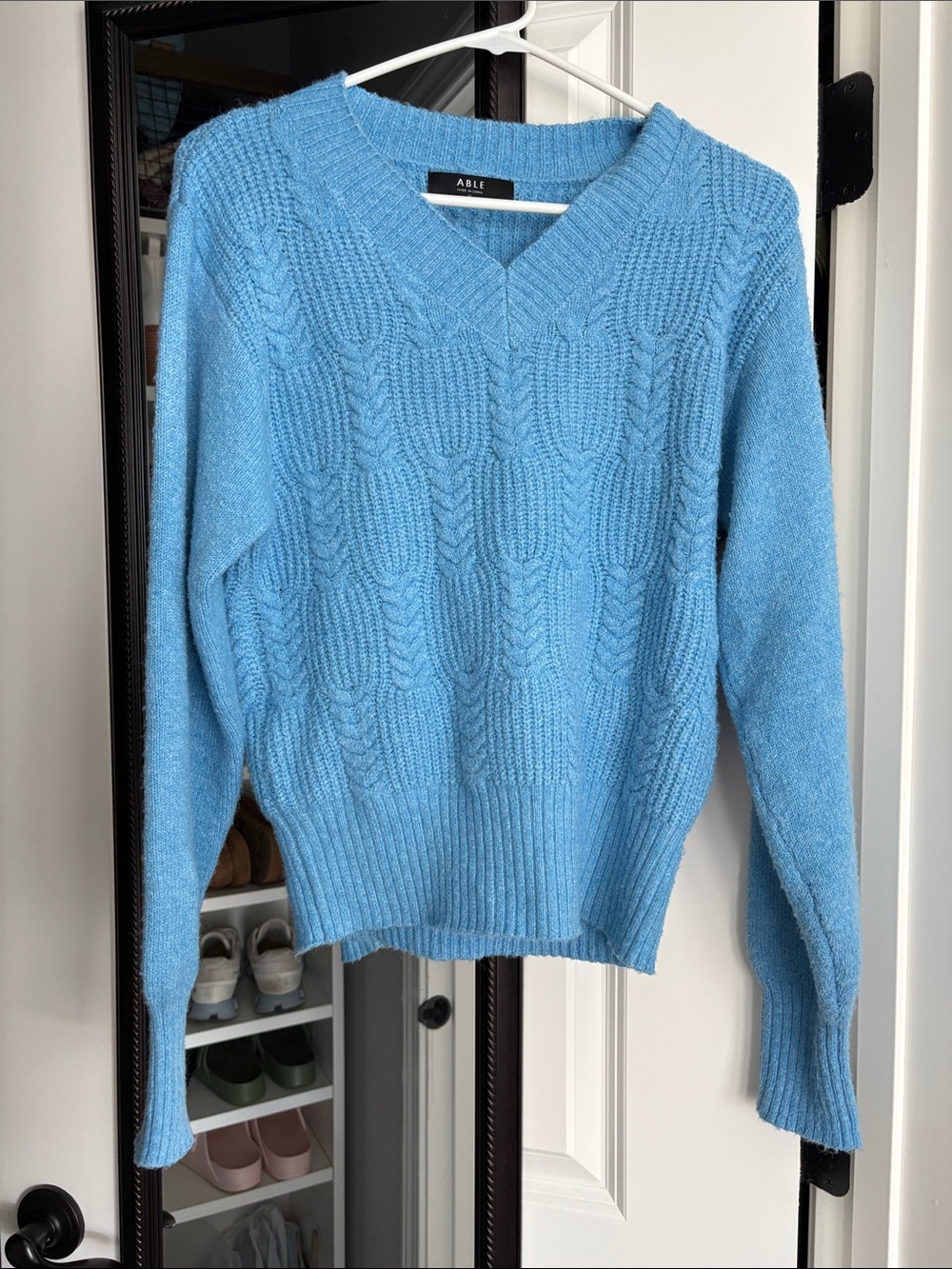 Able Women's Sky Blue Cable Knit V-Neck Sweater